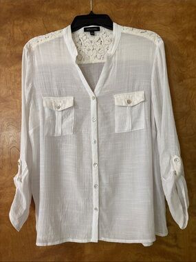 Notations White Lace-Yoke Button Front Blouse